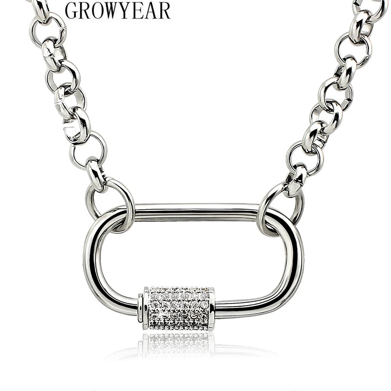 Rolo chain choker with iced lock, silver tone
