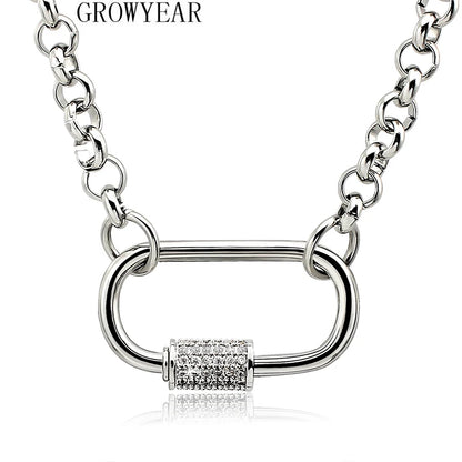 Rolo chain choker with iced lock, silver tone