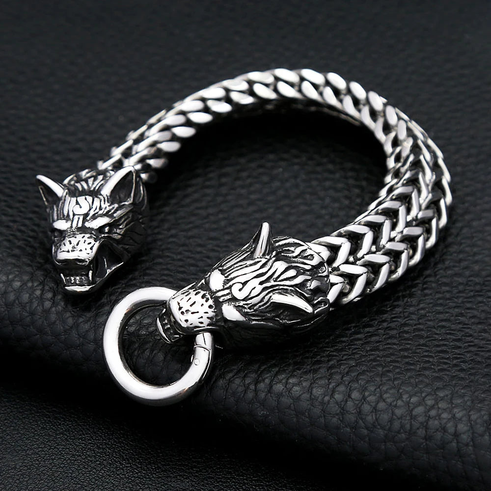 Wolf head bracelet, silver tone