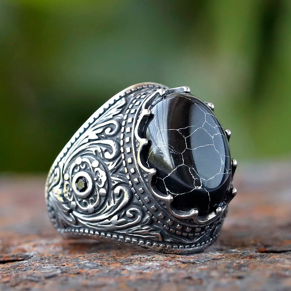 Black stone statement ring, silver tone