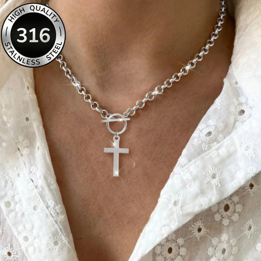 Cross pendant necklace, silver tone