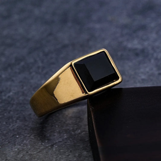Square signet ring with black stone in stainless steel