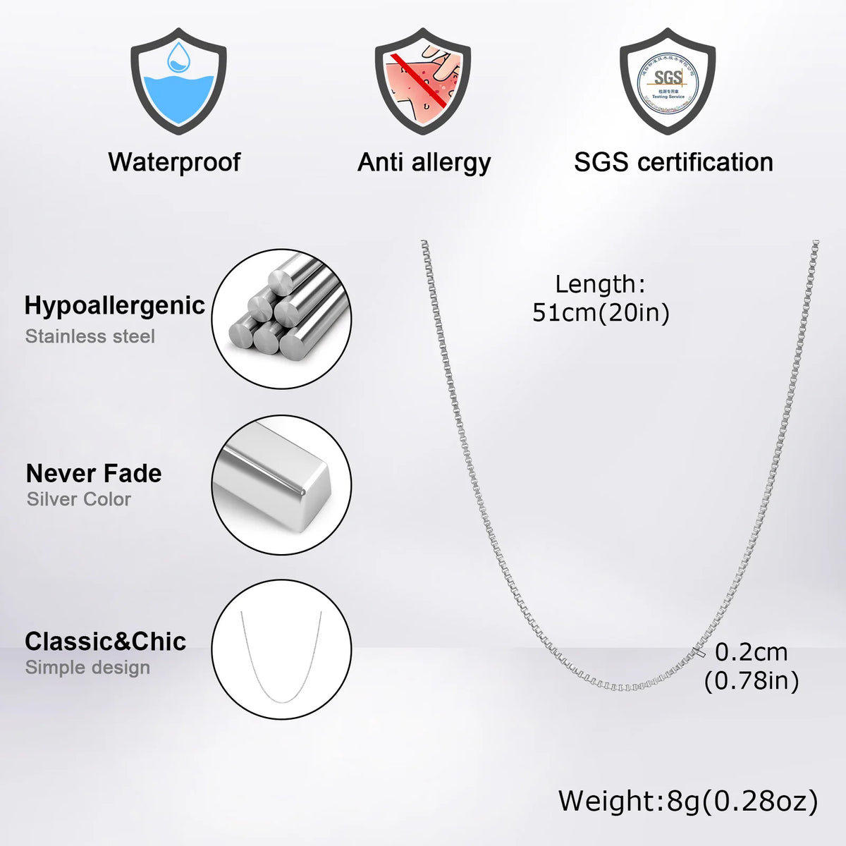 Stainless steel box chain necklace – view 5